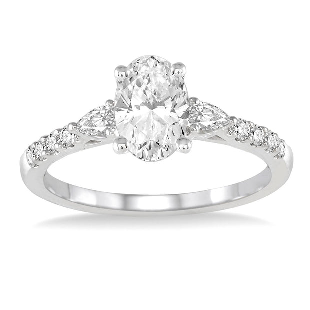 14K White Gold Oval Diamond Engagement Ring with Pear & Round Diamond Side Stones