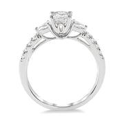 14K White Gold Oval Diamond Engagement Ring with Pear & Round Diamond Side Stones