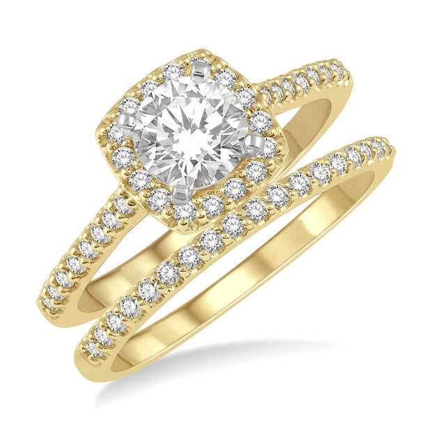 14K Yellow Gold Diamond Wedding Set:  Round Diamond Engagement Ring with Cushion-Shape Halo and Side Diamonds, Matching Diamond Wedding Band