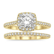 14K Yellow Gold Diamond Wedding Set:  Round Diamond Engagement Ring with Cushion-Shape Halo and Side Diamonds, Matching Diamond Wedding Band