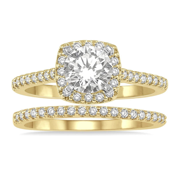 14K Yellow Gold Diamond Wedding Set:  Round Diamond Engagement Ring with Cushion-Shape Halo and Side Diamonds, Matching Diamond Wedding Band