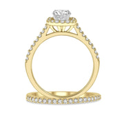 14K Yellow Gold Diamond Wedding Set:  Round Diamond Engagement Ring with Cushion-Shape Halo and Side Diamonds, Matching Diamond Wedding Band