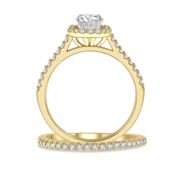 14K Yellow Gold Diamond Wedding Set:  Round Diamond Engagement Ring with Cushion-Shape Halo and Side Diamonds, Matching Diamond Wedding Band