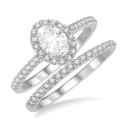 14K White Gold Oval Diamond Halo-Style Wedding Set, Engagement Ring with Matching Band
