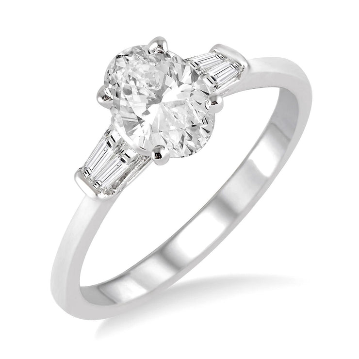 14K White Gold Oval Diamond Engagement Ring with Tapered Side Stones