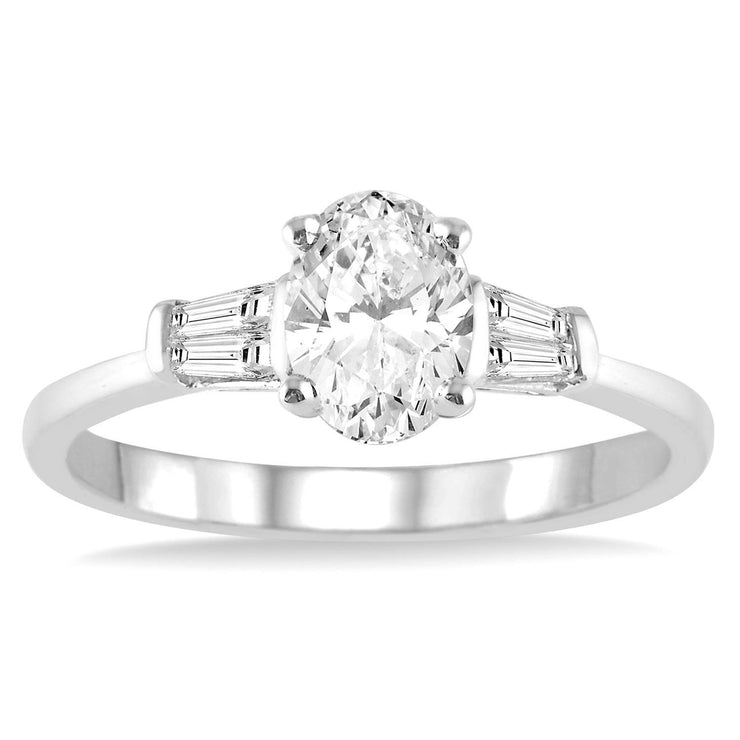 14K White Gold Oval Diamond Engagement Ring with Tapered Side Stones