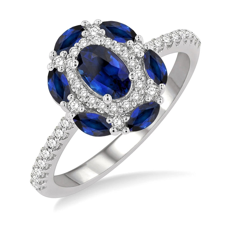 14K White Gold Oval Sapphire Ring with Marquise Sapphires and Round Diamonds
