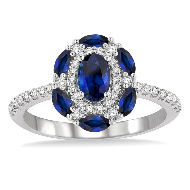 14K White Gold Oval Sapphire Ring with Marquise Sapphires and Round Diamonds