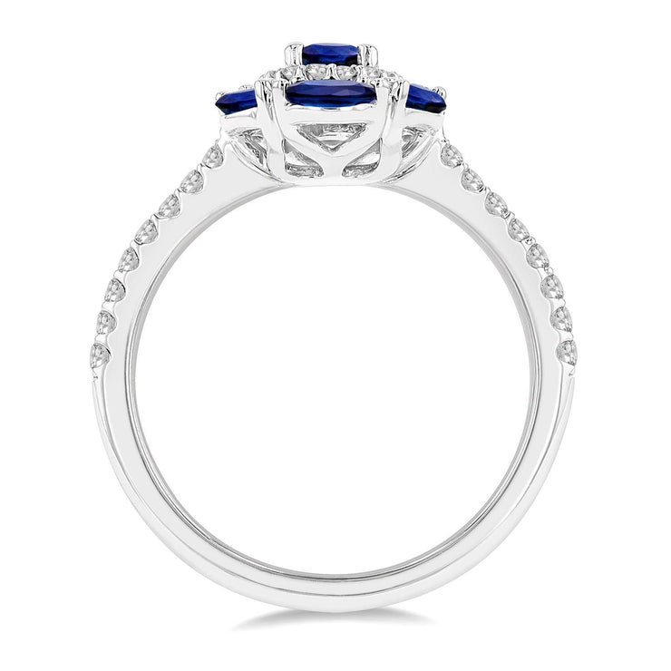 14K White Gold Oval Sapphire Ring with Marquise Sapphires and Round Diamonds