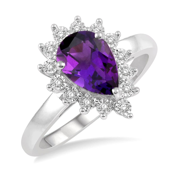 10K White Gold Pear Shape Amethyst Ring with Diamond Halo