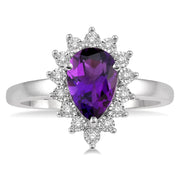 10K White Gold Pear Shape Amethyst Ring with Diamond Halo