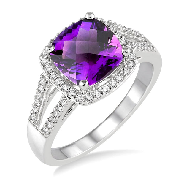 10K White Gold Cushion Cut Amethyst Ring with Diamond Halo and Accent Stones