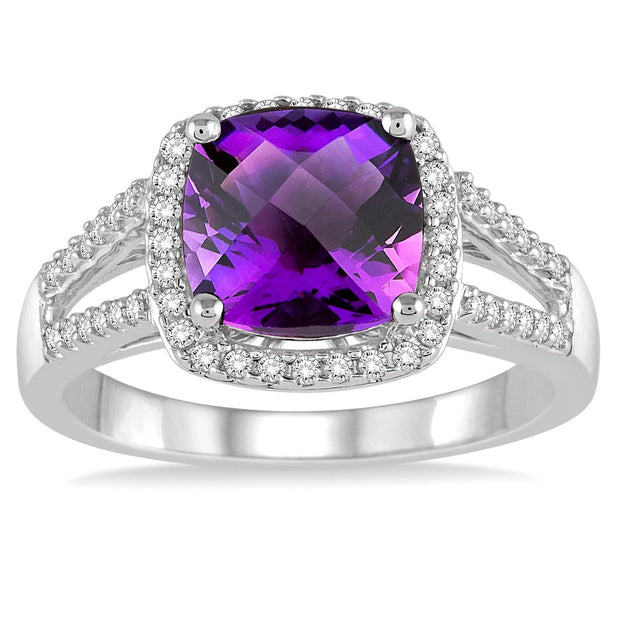 10K White Gold Cushion Cut Amethyst Ring with Diamond Halo and Accent Stones