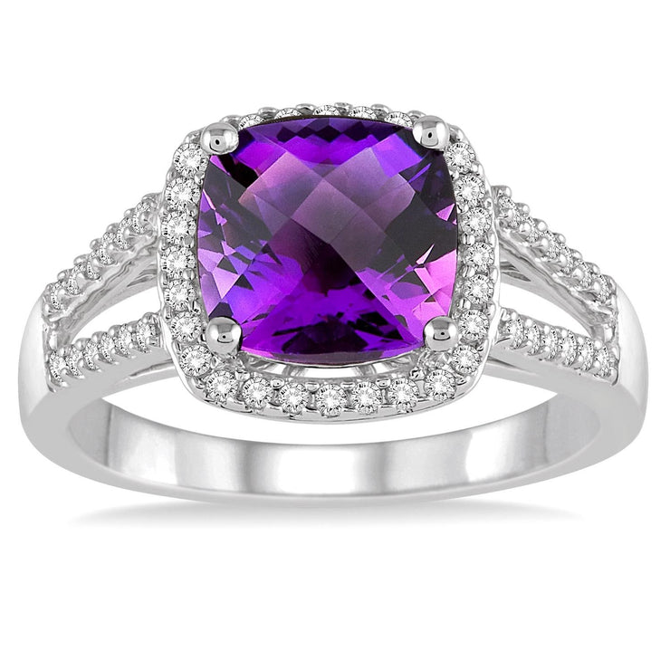 10K White Gold Cushion Cut Amethyst Ring with Diamond Halo and Accent Stones