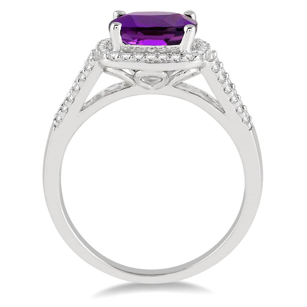 10K White Gold Cushion Cut Amethyst Ring with Diamond Halo and Accent Stones