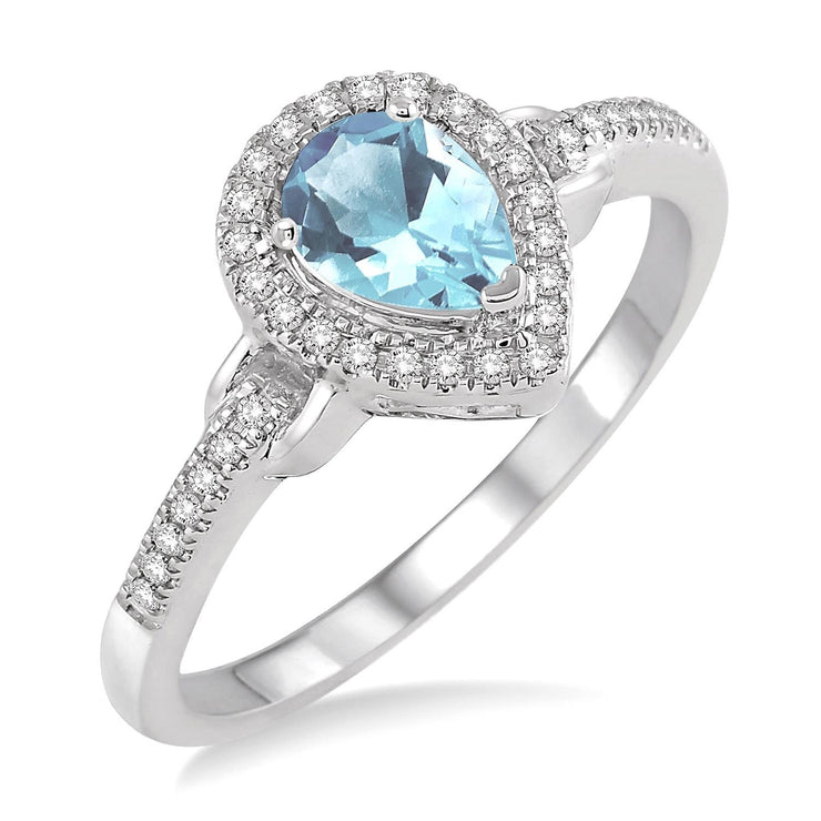 10K White Gold Pear Shape Aquamarine Ring with Diamond Halo and Diamond Accent Stones