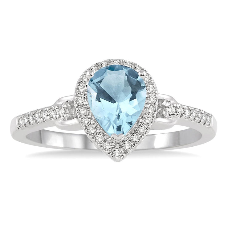 10K White Gold Pear Shape Aquamarine Ring with Diamond Halo and Diamond Accent Stones