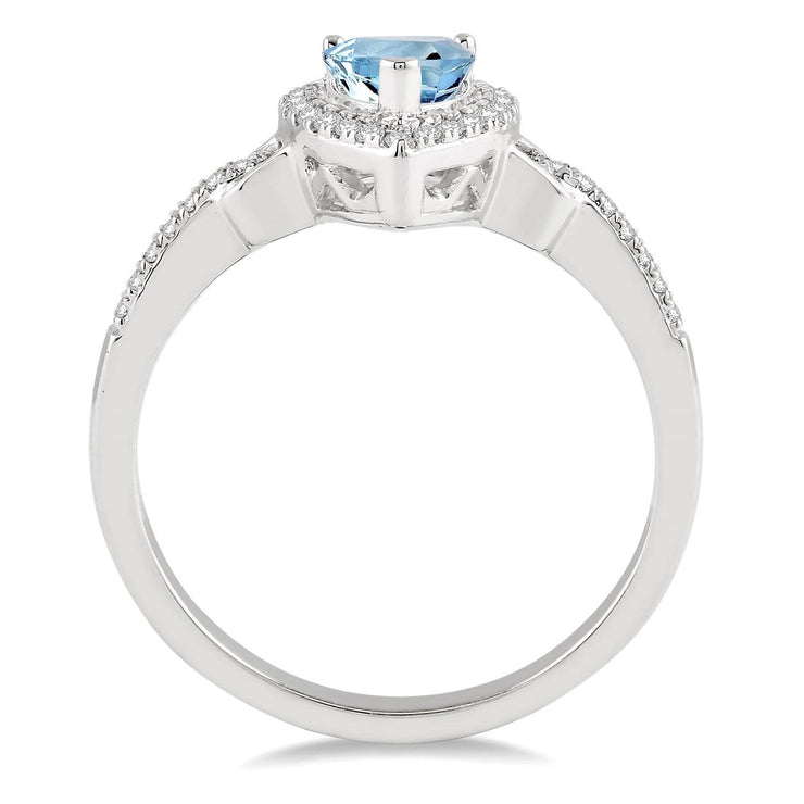 10K White Gold Pear Shape Aquamarine Ring with Diamond Halo and Diamond Accent Stones