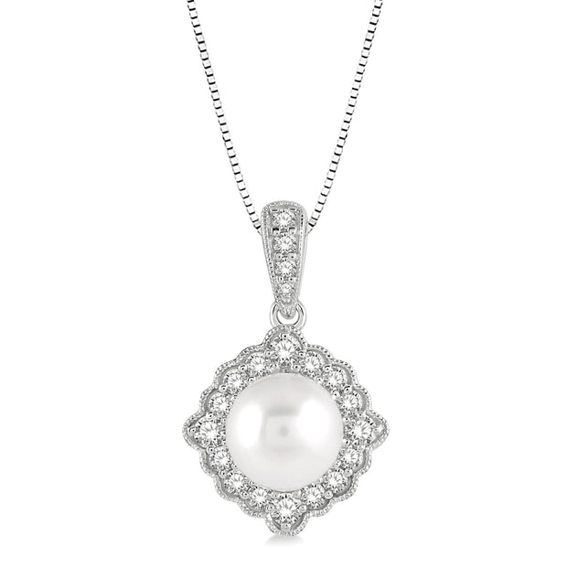 10K White Gold 7mm Pearl Necklace with Scalloped Diamond Halo and Bail. Bichsel Jewelry in Sedalia, MO. Shop online or in-store today!