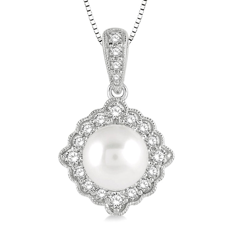 White Gold Pearl Pendant with Diamond Halo