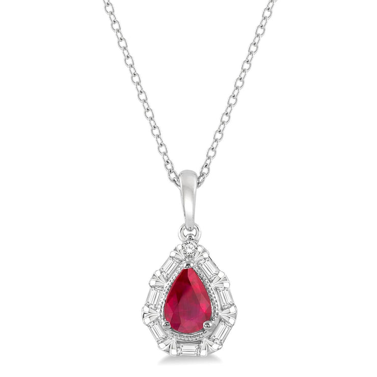 Pear-Shaped Ruby Pendant with Baguette Diamond Halo