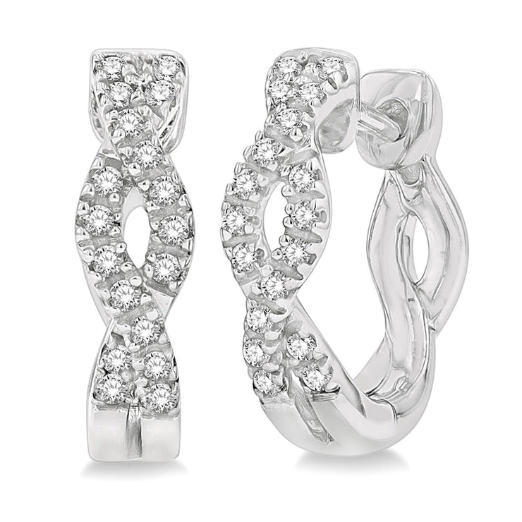 10K White Gold Diamond Twist Huggie Hoop Earrings
