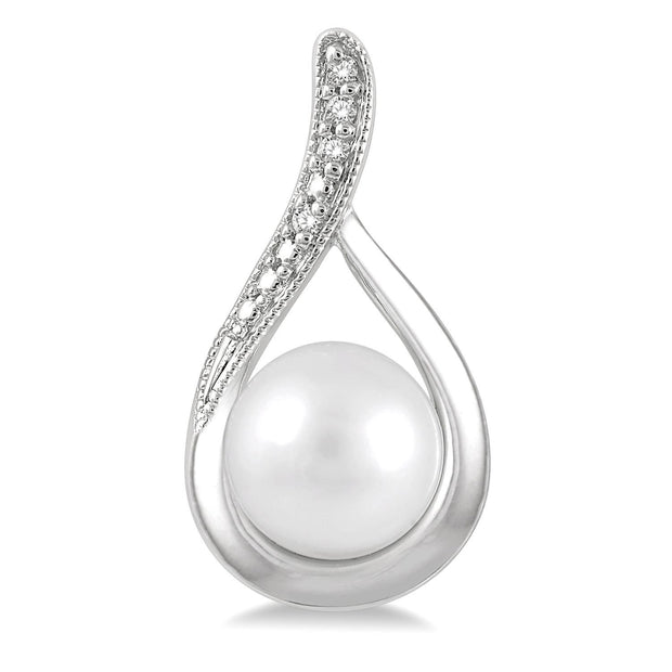 Sterling Silver Pearl & Diamond Drop Earrings