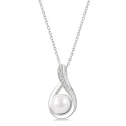 Sterling Silver Pearl & Diamond Drop Pendant