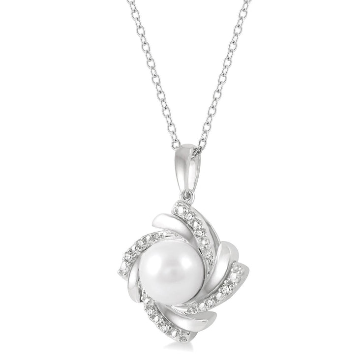 Sterling Silver Swirl Diamond & Pearl Pendant