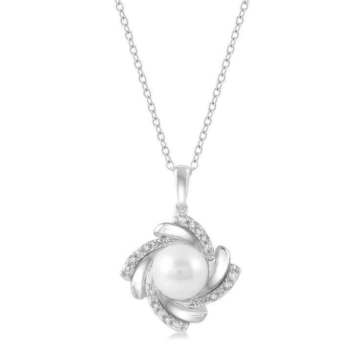 Sterling Silver Swirl Diamond & Pearl Pendant