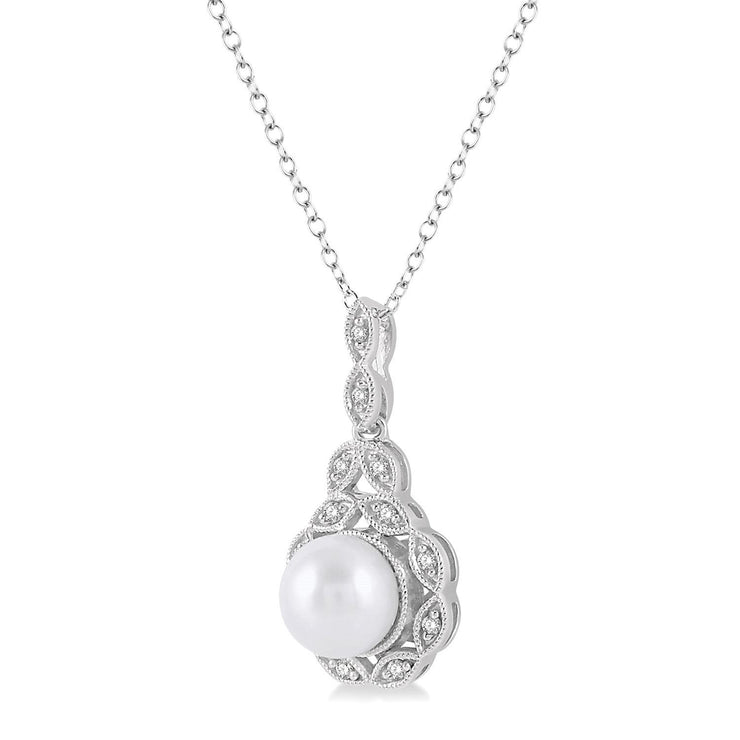 Sterling Silver Pearl Pendant with Diamond Accents