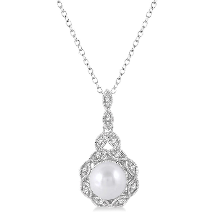 Sterling Silver Pearl Pendant with Diamond Accents