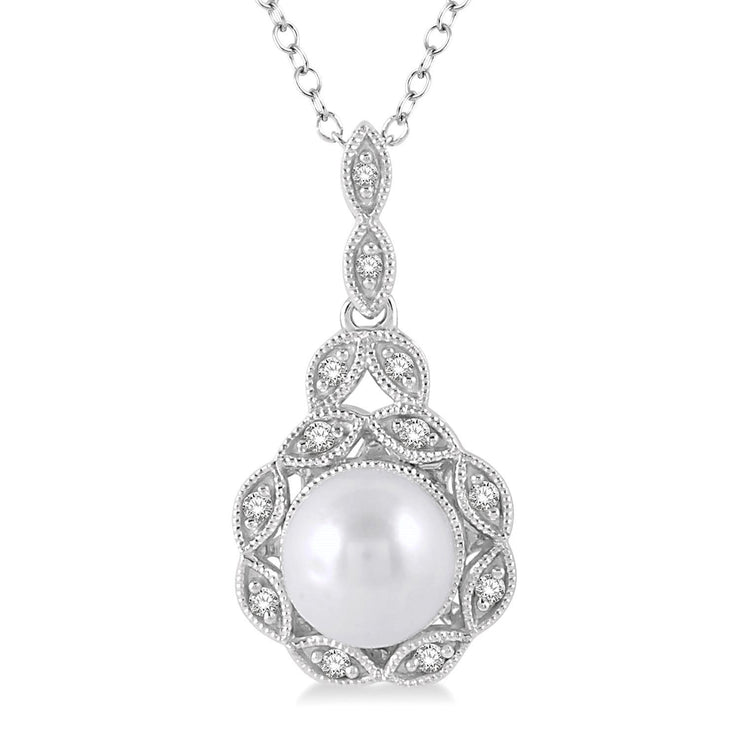 Sterling Silver Pearl Pendant with Diamond Accents