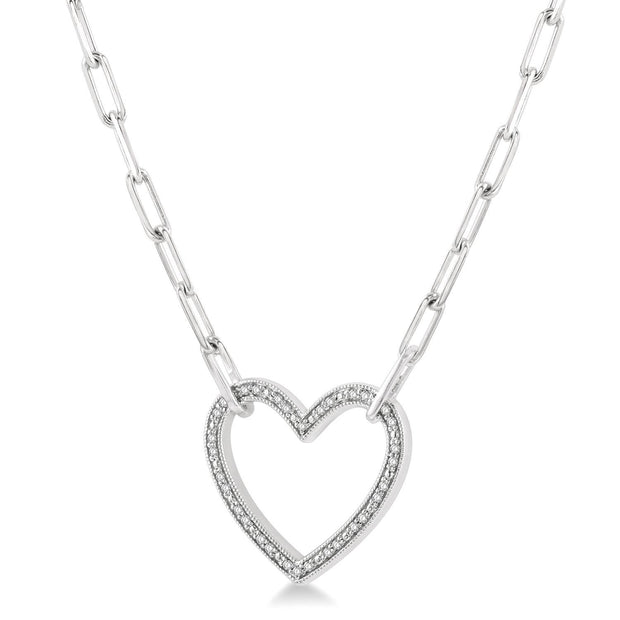 Sterling Silver Paperclip Link Necklace with Diamond Heart