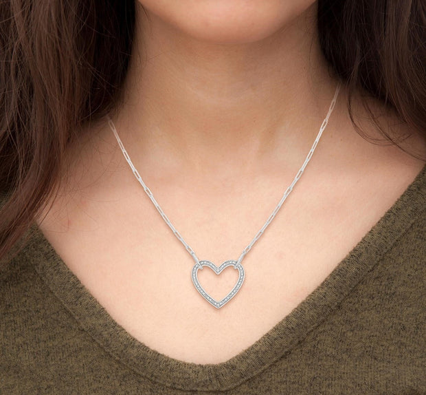 Sterling Silver Paperclip Link Necklace with Diamond Heart