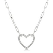 Sterling Silver Paperclip Link Necklace with Diamond Heart
