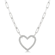 Sterling Silver Paperclip Link Necklace with Diamond Heart
