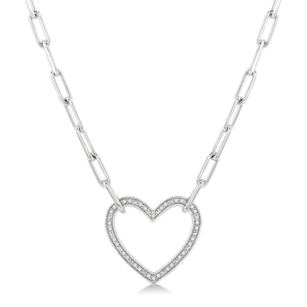 Sterling Silver Paperclip Link Necklace with Diamond Heart