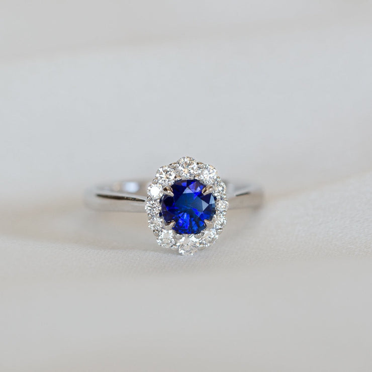 White Gold Sapphire Ring with Diamond Halo in Sedalia MO at Bichsel Jewelry