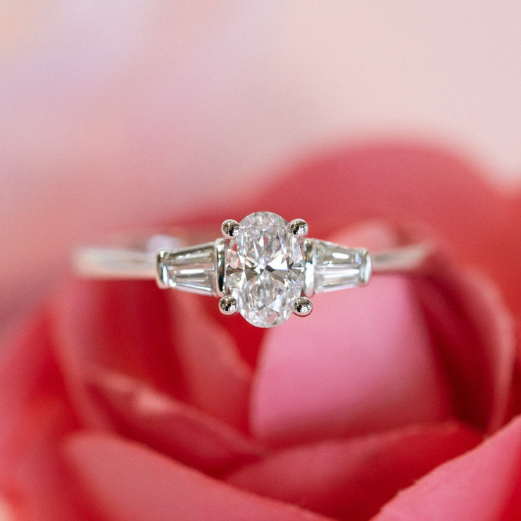 14K White Gold Oval Diamond Engagement Ring with Tapered Side Stones