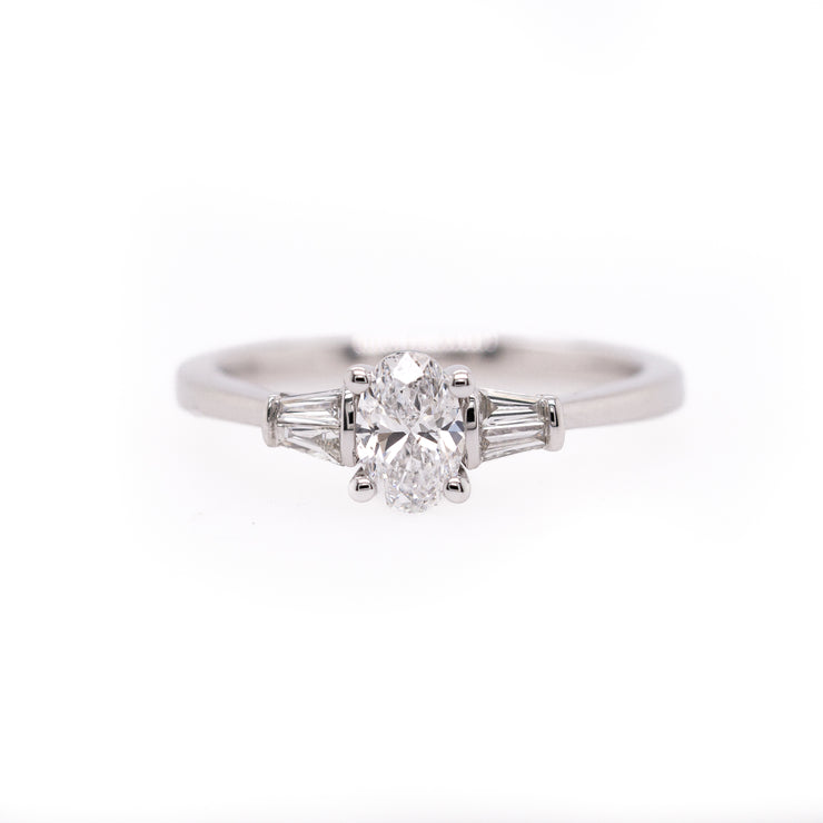 14K White Gold Oval Diamond Engagement Ring with Tapered Side Stones
