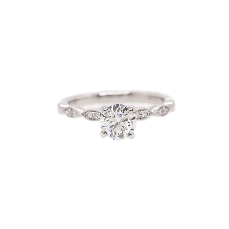 14K White Gold Round Diamond Engagement Ring with Marquise Shaped Band