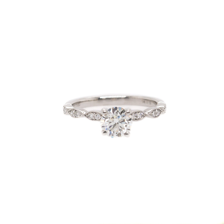 14K White Gold Round Diamond Engagement Ring with Marquise Shaped Band