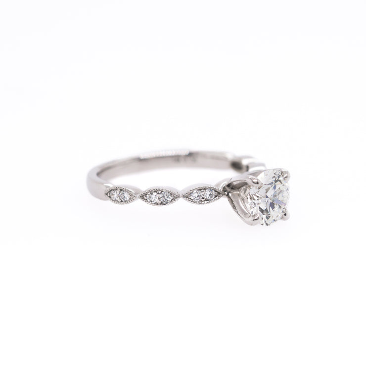 14K White Gold Round Diamond Engagement Ring with Marquise Shaped Band