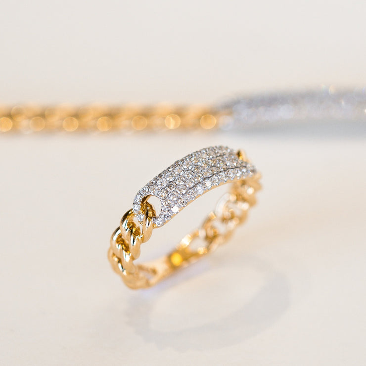 14K Yellow Gold Chain Ring with Diamond Bar