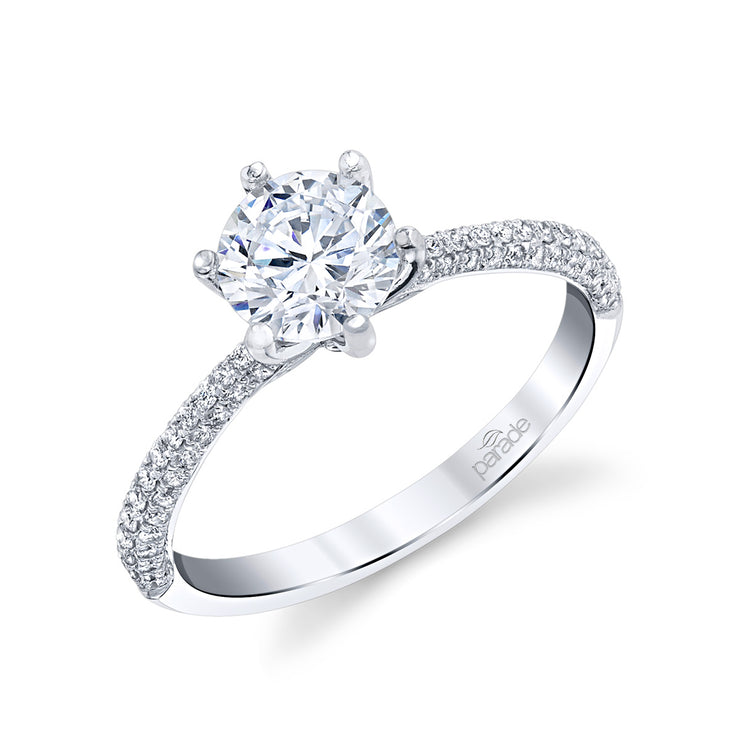 14K White Gold Round Diamond Engagement Ring with Pavé Diamond Band