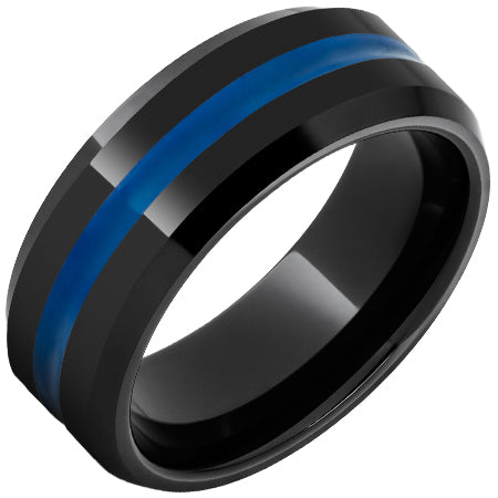 Black Ceramic Band with Blue Enamel Stripe