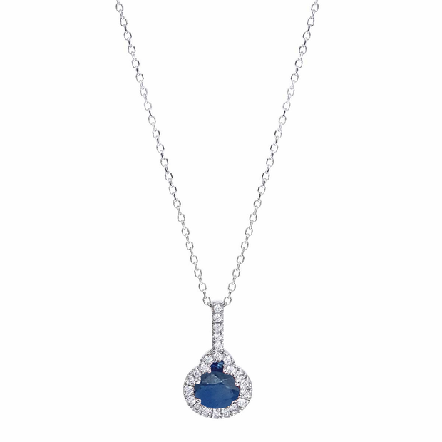 White Gold Sapphire Necklace with Diamond Halo