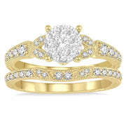 14K Yellow Gold Vintage-Style Wedding Set with Lovebright Invisible Halo Round Center