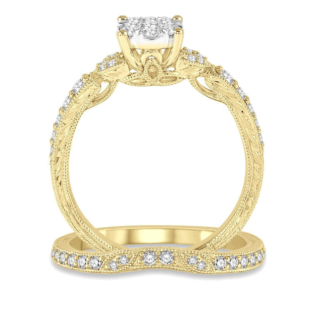 14K Yellow Gold Vintage-Style Wedding Set with Lovebright Invisible Halo Round Center
